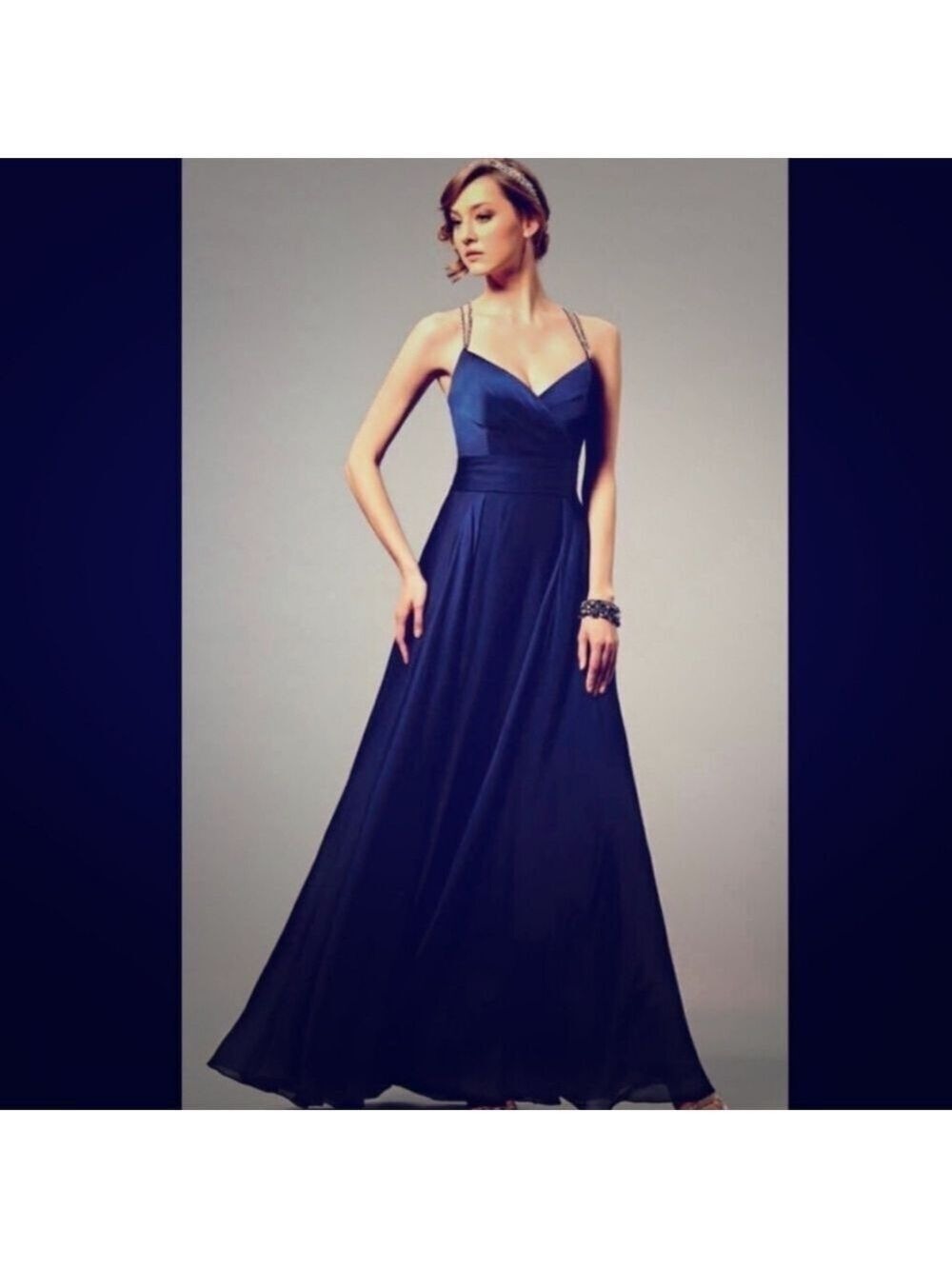 Belsoie L164010 Elegant Navy Blue Evening Gown With strap Detail